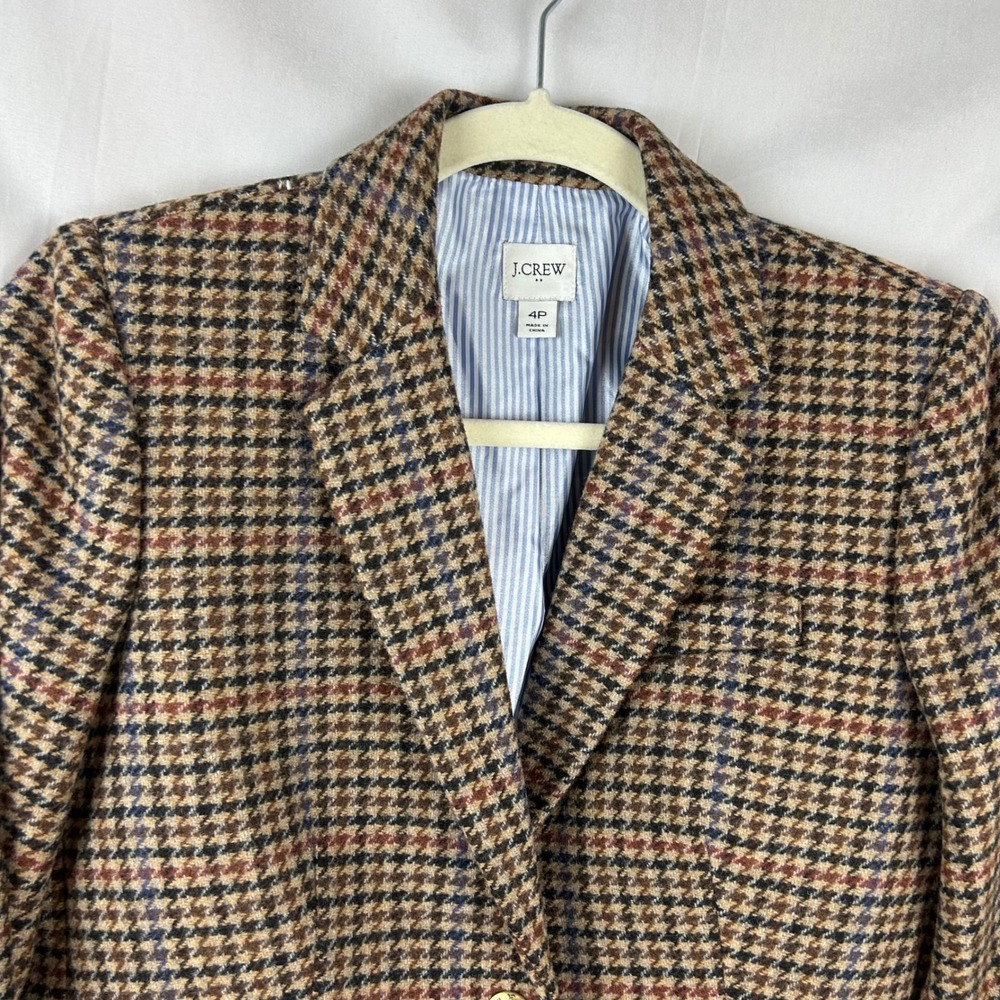 J.Crew Factory Schoolboy Blazer Brown Houndstooth Wool Gold Button Petite 4 NWOT - Picture 3 of 9